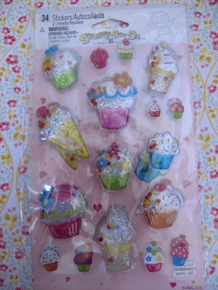 NOS Vtg Stickety-Doo-Da Cupcakes Ice Cream Puffy Sprinkles Stickers 2 sheets 34