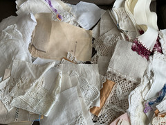Vintage Lace Attached White Ivory Off White Fabric Scraps Slow Stitching – 20