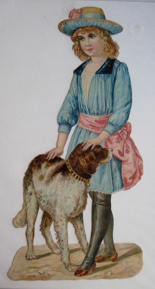 Vintage Victorian Stunning Large Die-Cut of Girl In Blue w/ Brown & White Dog N*