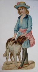 Vintage Victorian Stunning Large Die-Cut of Girl In Blue w/ Brown & White Dog N*