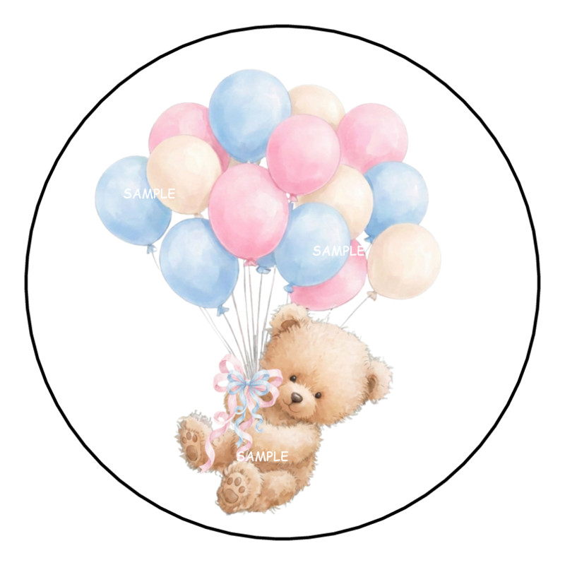 TEDDY BEAR PINK BLUE BALLOONS STICKERS SEALS LABELS TAGS FAVORS 1.5″ BABY SHOWER