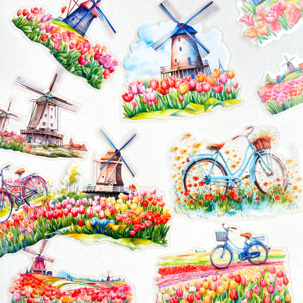 Tulip Windmill Stickers Holland Easter Travel Junk Journal Collage Scrapbooking