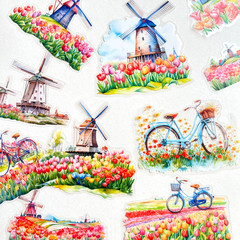 Tulip Windmill Stickers Holland Easter Travel Junk Journal Collage Scrapbooking