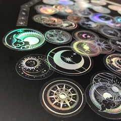 70 Pack Transparent Laser Holographic Stickers Round Moon Sun Star Decal Set