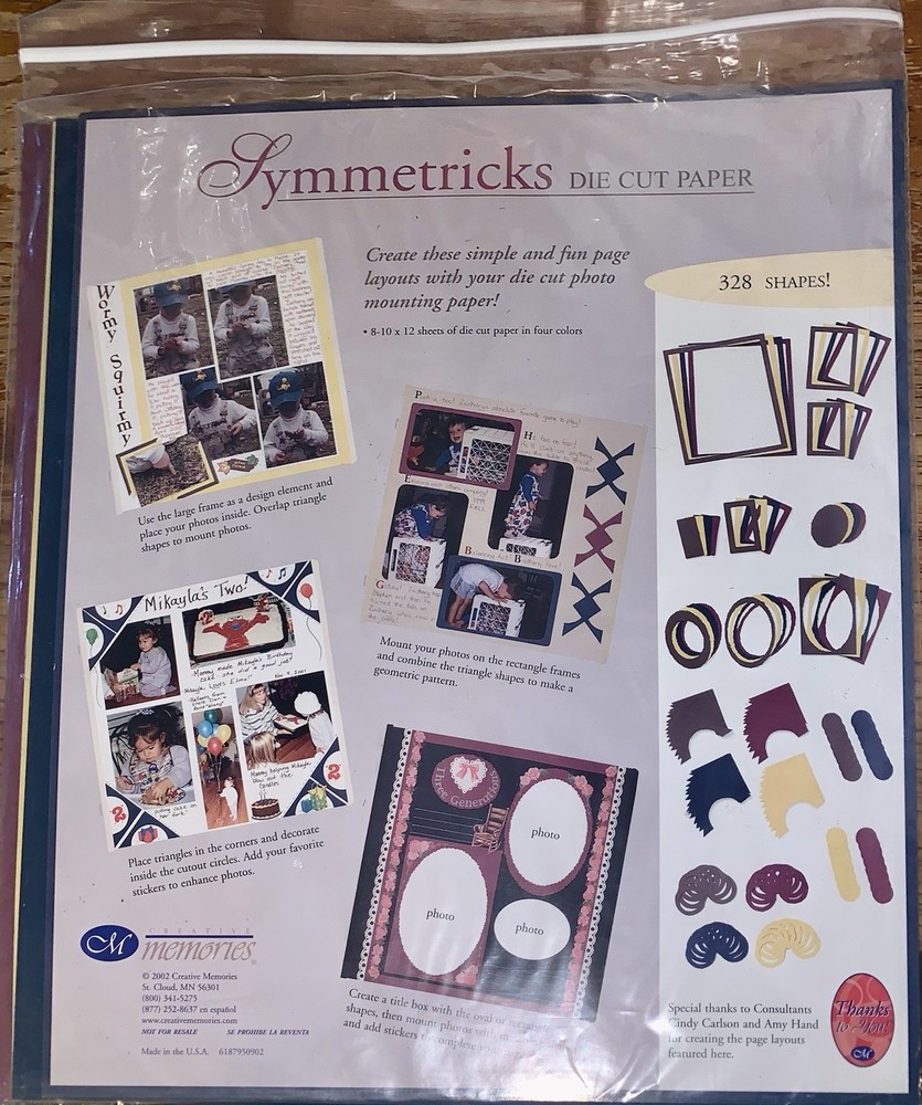 Creative Memories Symmetricks Die Cut Paper 8-10×12 sheets 4 colors 328 Shapes!
