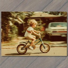 STICKER Kid Riding Small Bicycle 1970s Suburban Motion Blur Summer Snapshot