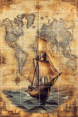 WORLD MAP & SAILING SHIP POSTCARD Scrapbook Card Topper Junk Journal Art Card