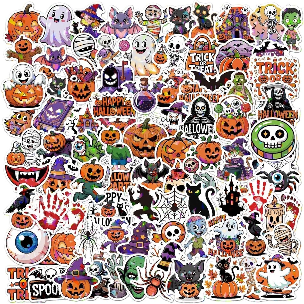 100PCS Happy Halloween Stickers for Kids – Holographic Ghost Pumpkin Theme Stick