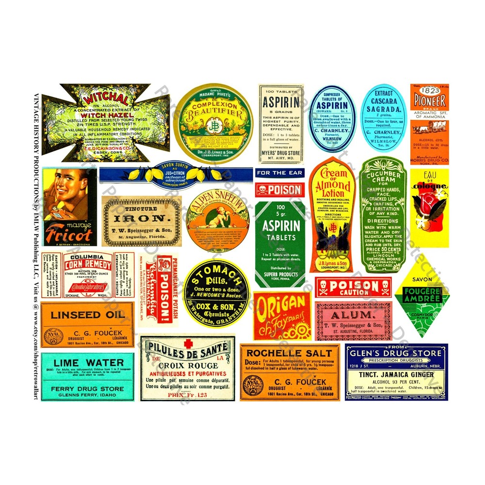 Colorful Apothecary Stickers for Medicine Cabinet Décor, Cut & Peel Sheet 105e