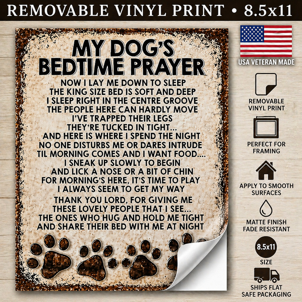 USA Veteran Made Dog Bedtime Prayer Vinyl Print 8.5×11 Rustic Farmhouse Dog Wall