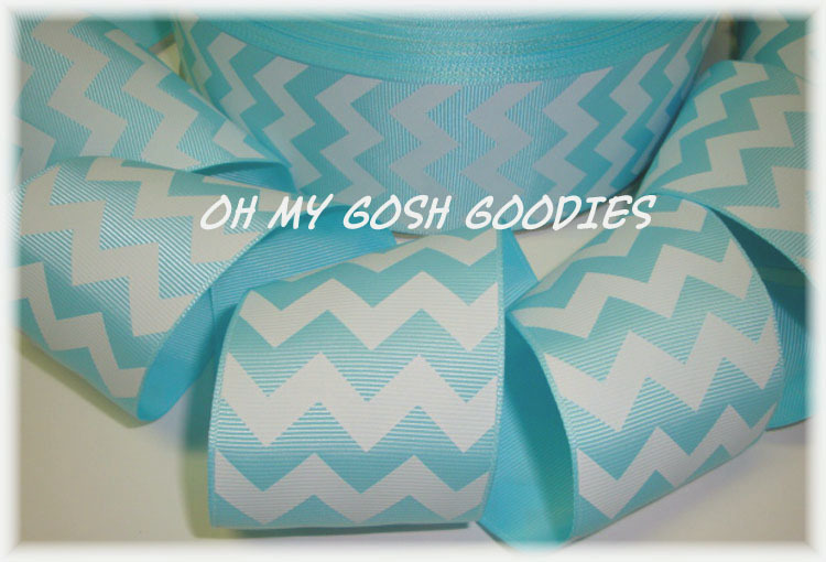 2 1/4 EASTER AQUA WHITE CHEVRON ZIG ZAG STRIPE PRINCESS GROSGRAIN RIBBON 4 BOW