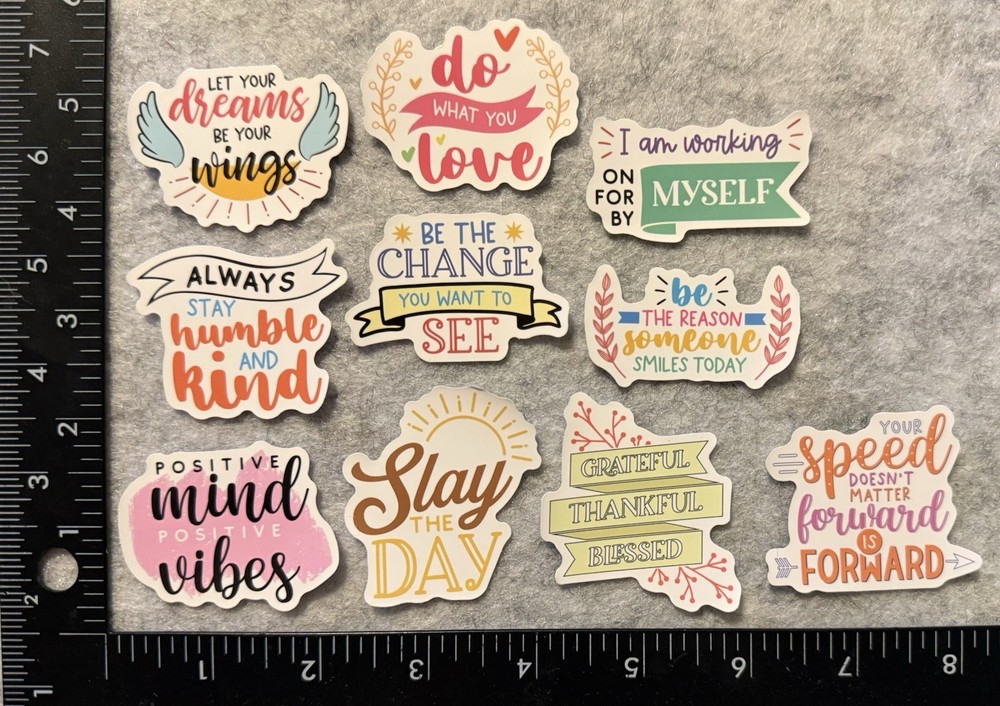 Lot of 10 Assorted Positive Affirmation Stickers Smile Happy Love Fitness