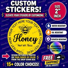 40 HONEY 2″ CUSTOM STICKERS Food Small Business LABELS SCRATCH RESISTANT