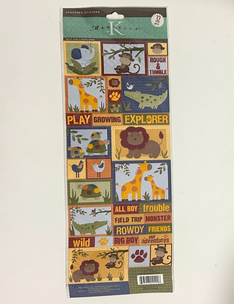 Marcella K Jungle Animals Monkey Lion WILD Embossed Pack Scrapbook Stickers