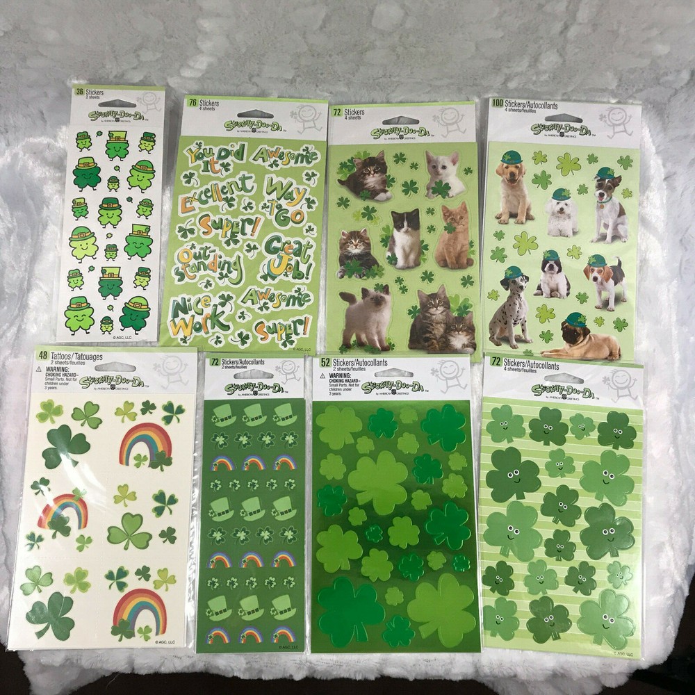You Choose- St. Patricks Day Sticker Sheets Sets Cats Dogs 4 leaf clover green