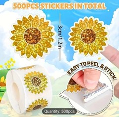 500 pcs Sticker Seals Roll Shiny Holographic Foil Sunflower🌻 Self Adhesive NEW