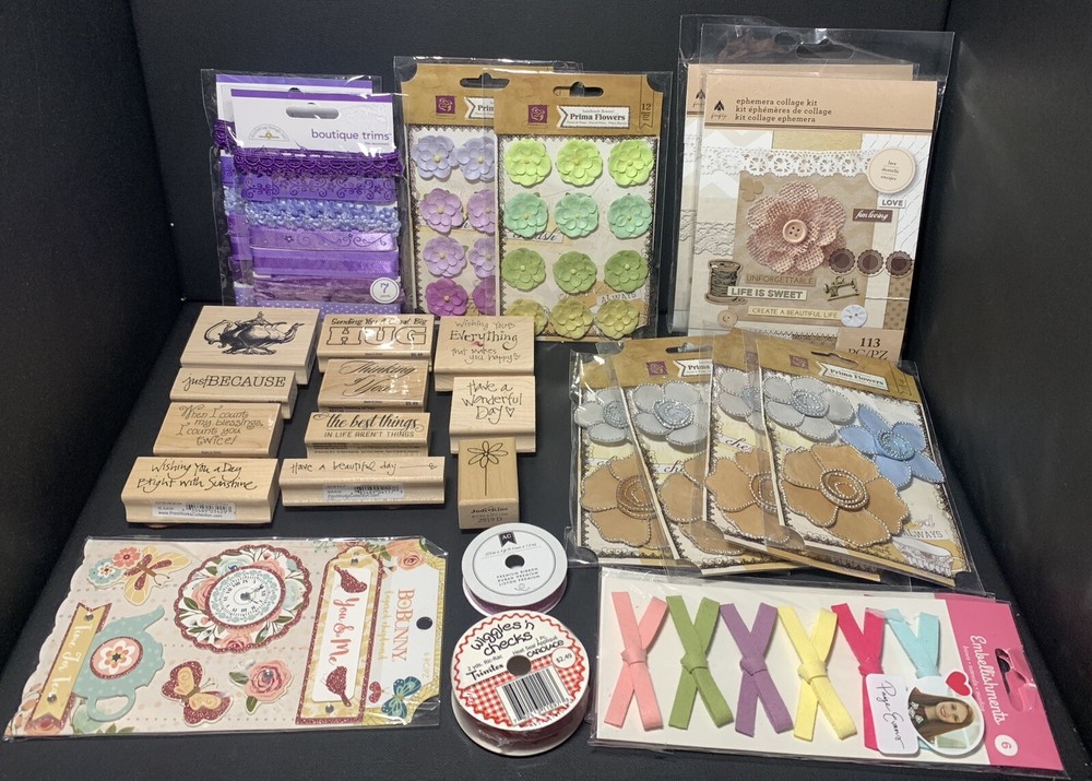 Lot of Scrapbooking And Craft Supplies. Paper Flowers, Stamps, Ephemera & More