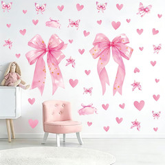 Large Pink Bow Wall Decals – 6 Sheets 64 Pcs Bow Knot Wall Stickers Heart Bow Pe