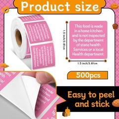 500 Count Cottage Food Law Labels Stickers 1.5” Pink Square Food Stickers Mad…