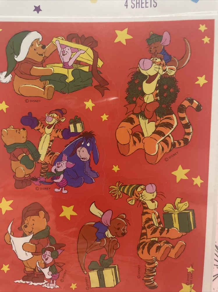 NOS Vtg Hallmark 4 sheets Winnie The Pooh Tigger Piglet Eeyore Christmas Red