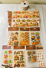 9 Packages Fall Stickers 1 Used Spool of Ribbon Scarecrow Pumpkins Acorns Leaf’s