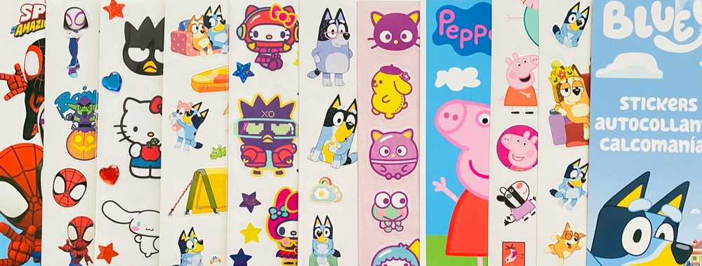 150+ STICKERS Themed BLUEY SPIDEY PUSHEEN PEPPA PIG SPIDERMAN SANRIO HELLO KITTY
