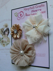 CHAMPAGNE CREAM 3 Flower Mix Satin Organza Lace HANDMADE 35, 65 & 70mm NJC HM1-4