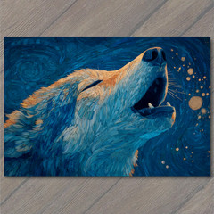 STICKER Howling Wolf Starry Sky Blue Fur Swirls Brush Texture Celestial Dream