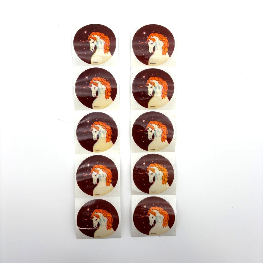 VTG 10 Lot Unicorn Head Stickers Night Stars 1983 Sky Ent LA CA Round 2″ 80s