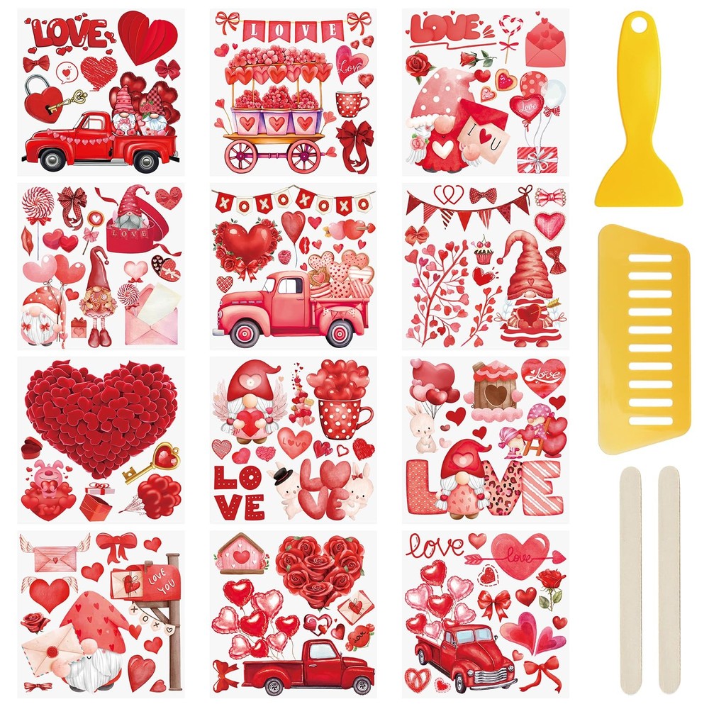 WANDIC 12 Sheets Valentine’s Day Rub On Transfer Stickers Waterproof 12pcs