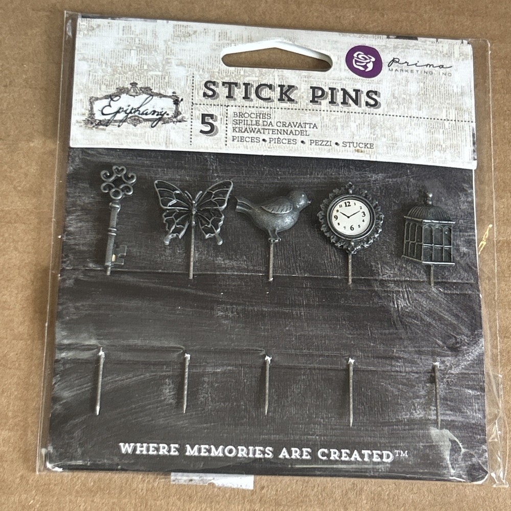 Prima Epiphany Stick Pins Metal Embelishments Bird Clock Butterfly 5pc Crafts
