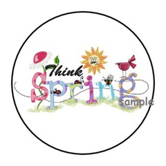 30 THINK SPRING ENVELOPE SEALS LABELS STICKERS 1.5″ ROUND FLOWERS BIRD SUNSHINE