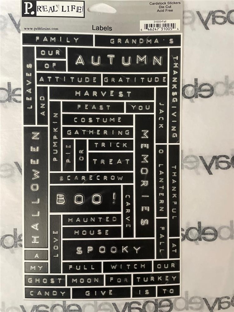 New Vintage PEBBLES INC REAL LIFE FALL B & W CARDSTOCK STICKERS free USA ship