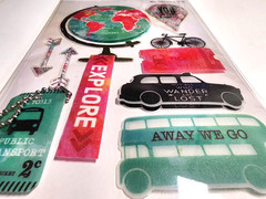 Watercolor Travel 3D Acetate Stickers Paper Studio World Globe Taxi Bus 10pc