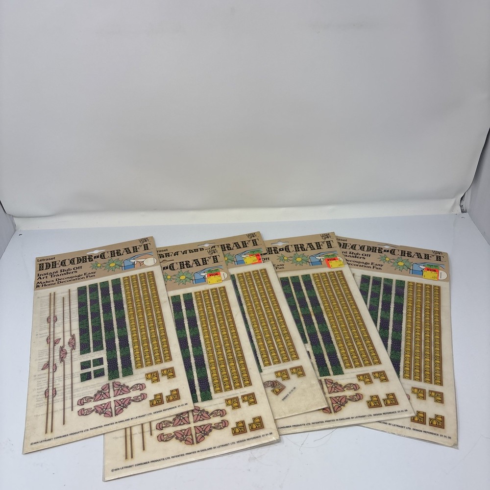 Vintage Letraset 1974 Rub‑On Transfers Decorative Borders NOS 5 Sheets Scrapbook