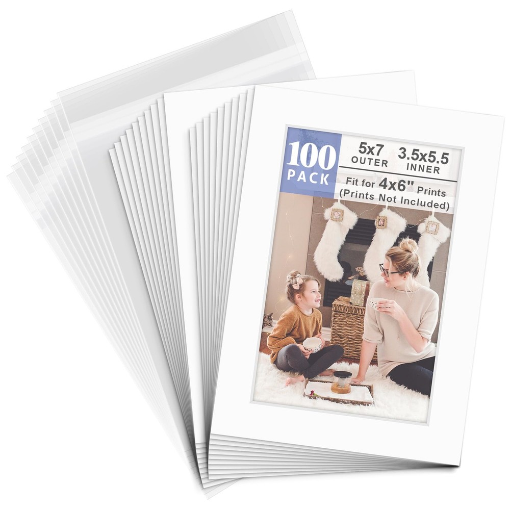 5×7 Picture Mats 100 Pack White Core Bevel Cut for 4×6 Photos – 4-ply Thick
