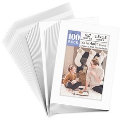 5×7 Picture Mats 100 Pack White Core Bevel Cut for 4×6 Photos – 4-ply Thick