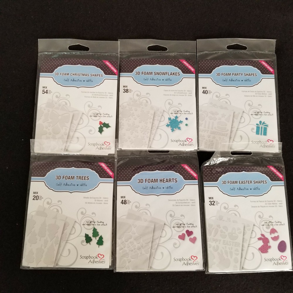Scrapbook Adhesives: 3D Foam Various Asst Shapes: Sets / Lot of 6 Pkgs – New