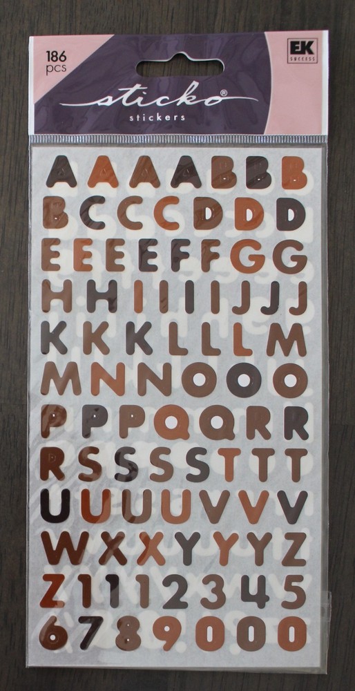 New Sticko alphabet numbers scrapbook stickers CHOCOLATE brown ABCs 2 sheets