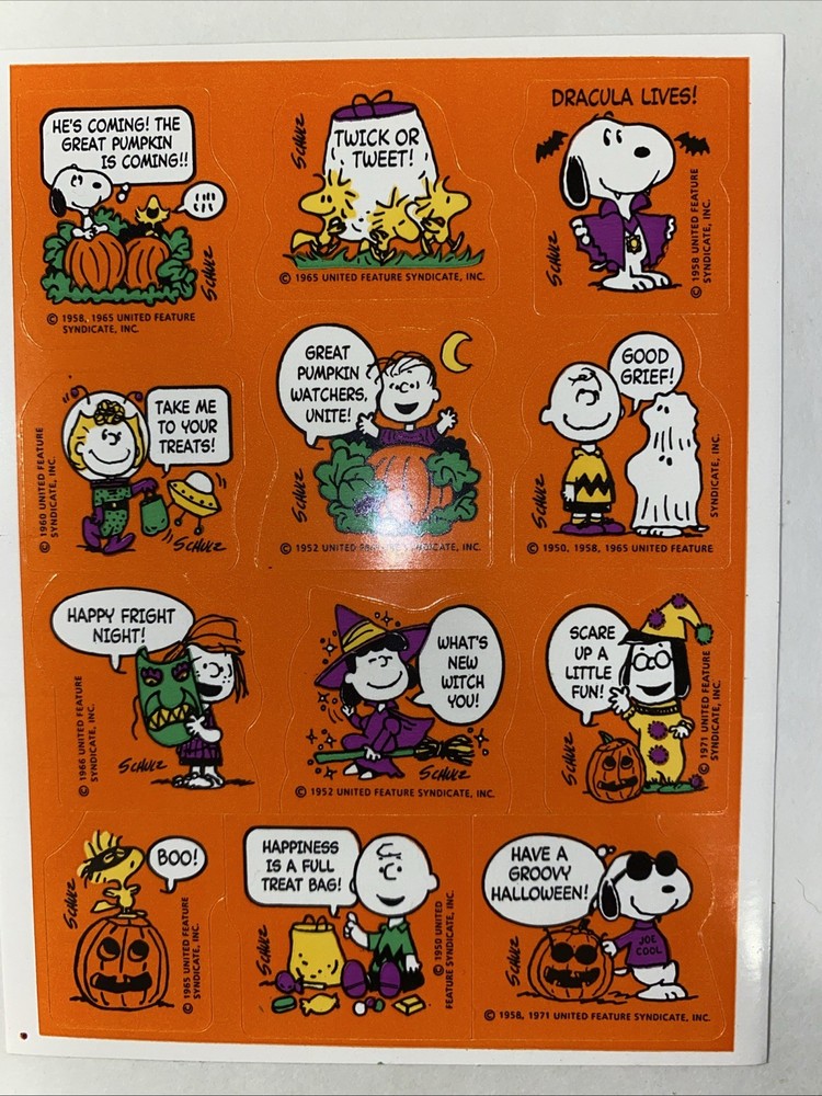 Vintage PEANUTS Snoopy Halloween Sticker Sheet Scrapbook Craft Stickers