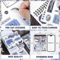 RISYPISY Pre-Cut Vintage Ephemera Washi Scrapbook Sticker Book for Blue