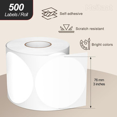 3 Inches White Circle Stickers Roll 500 PCS, Self-Adhesive Large round Color