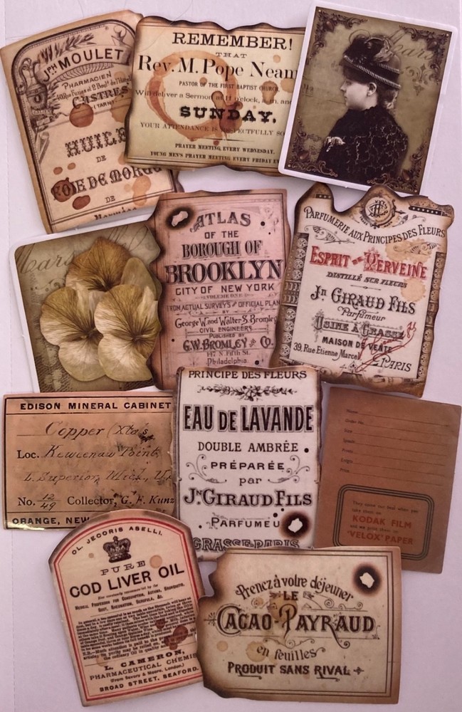 Lot of 11 Vintage Style Stickers Glossy Ads Burnt Edge Look Junk Journal Supply