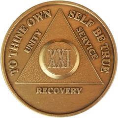 21 Year AA Medallion Traditional Bronze Raised Center Sobriety Coin Chip