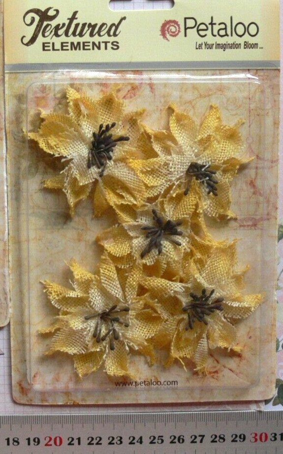 WILD SUNFLOWERS Textured Burlap YELLOW x 5 flowers 60-65mm across Petaloo L4