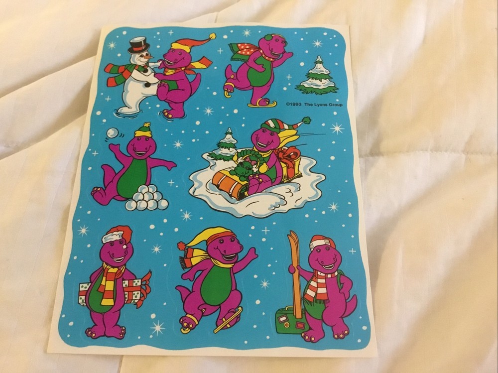 Vintage Barney The Purple Dinosaur In The Snow Sticker Sheet Winter