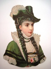 Large Vintage Die Cut of 1800’s Woman w/ Braids & Green Hat w/ Feather *
