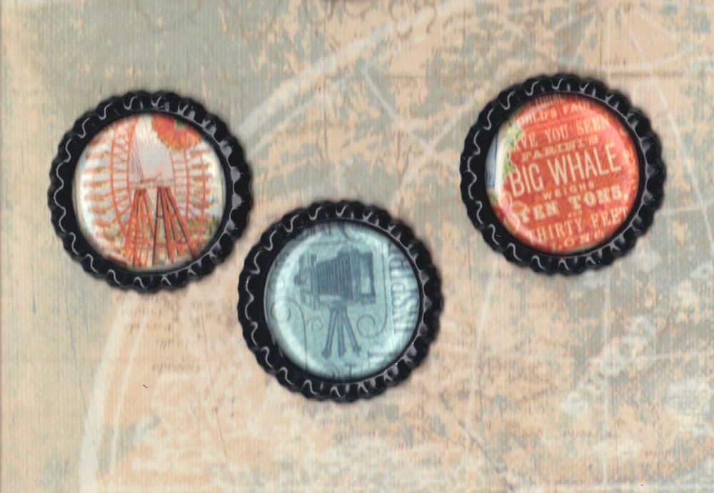 Graphic45 WORLD’S FAIR #302 (3) BLACK Bottle Cap Accents scrapbooking CRAFTS