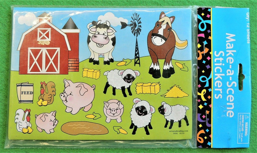 252pc Farm Animal Make-A-Scene Stickers Barn Cow Horse Pigs Chickens Sheep Hay +