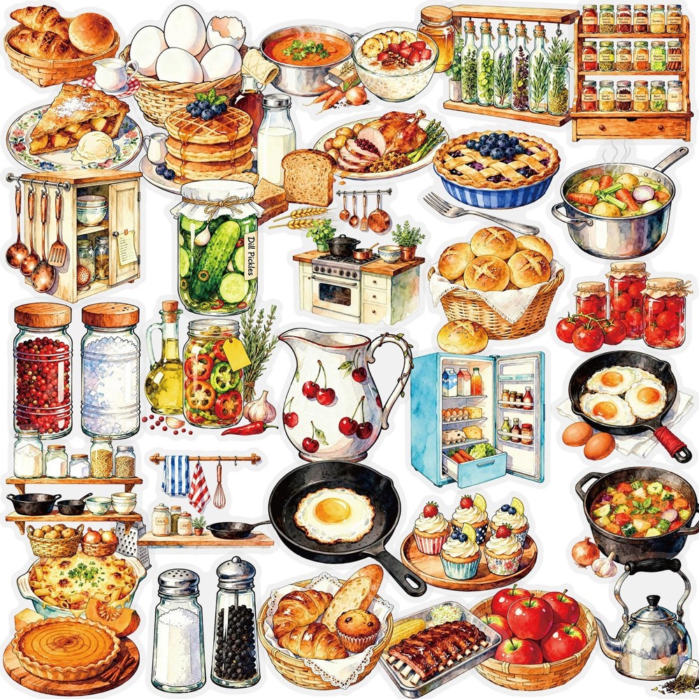 56 pcs Kitchen Food Cooking Clear PET Stickers, Vintage Bakery